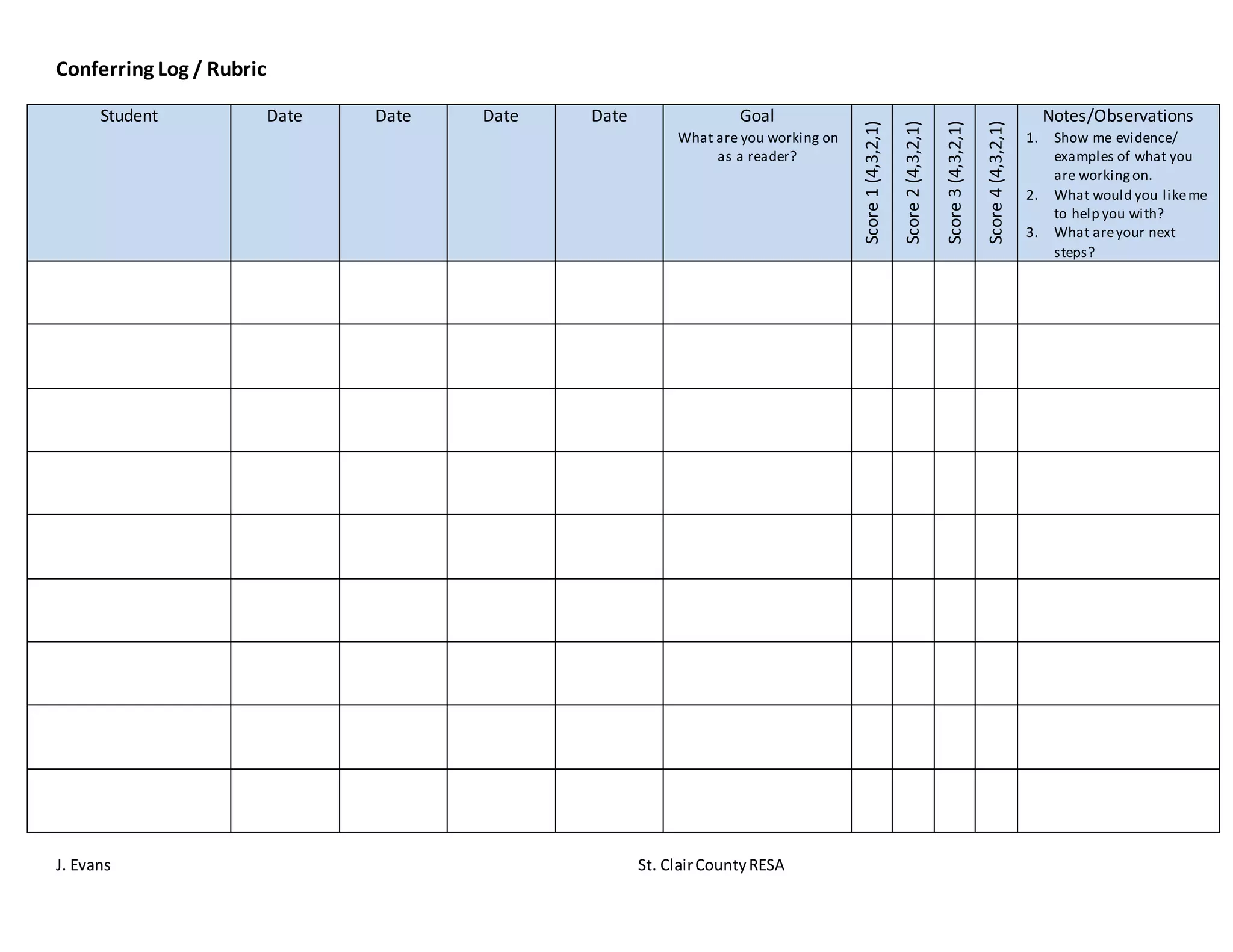 Conferring Log / Rubric
J. Evans St. ClairCountyRESA
Student Date Date Date Date Goal
What are you working on
as a reader?
Score1(4,3,2,1)
Score2(4,3,2,1)
Score3(4,3,2,1)
Score4(4,3,2,1)
Notes/Observations
1. Show me evidence/
examples of what you
are workingon.
2. What would you likeme
to help you with?
3. What areyour next
steps?
 