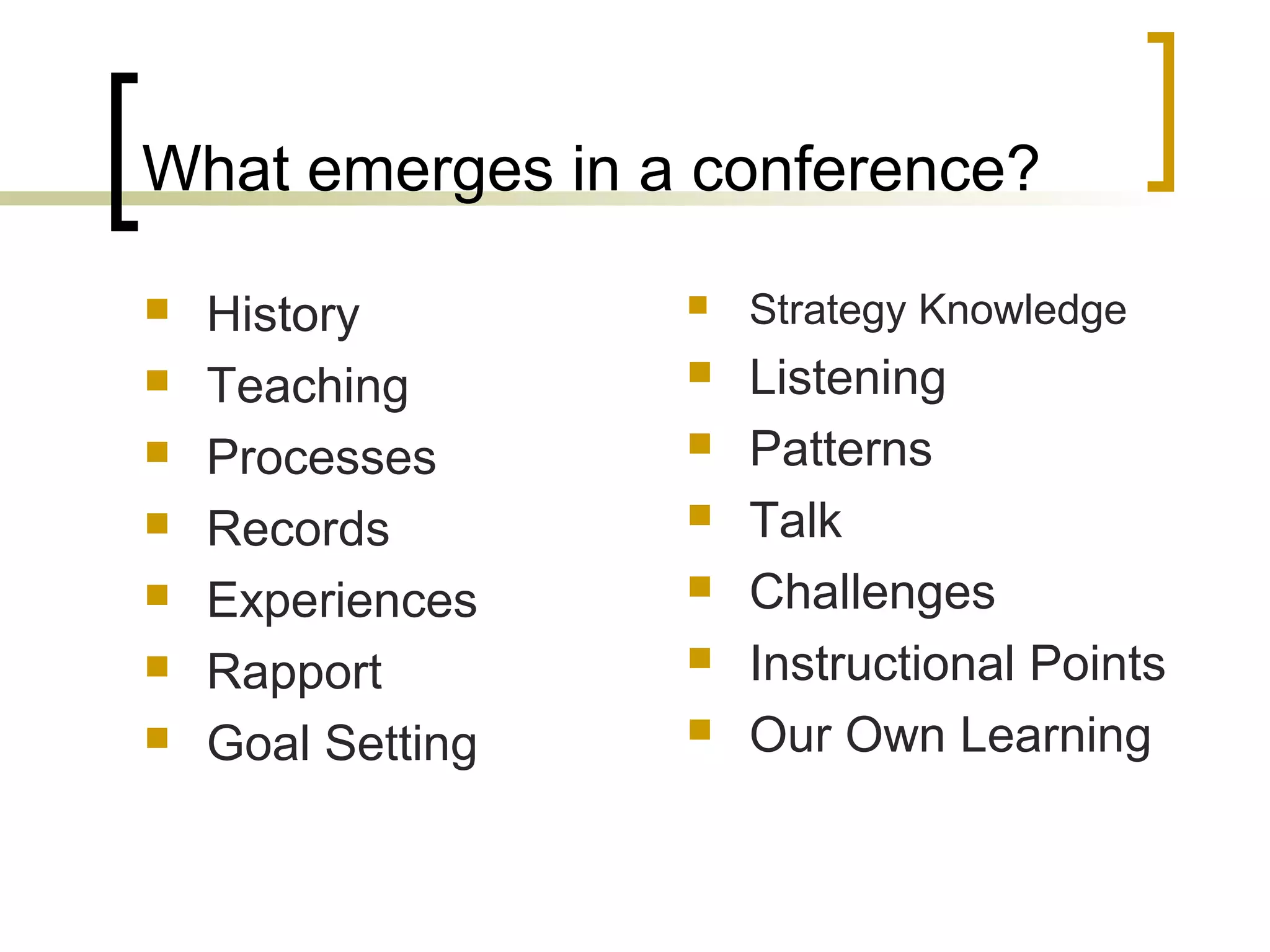 What emerges in a conference?
 History
 Teaching
 Processes
 Records
 Experiences
 Rapport
 Goal Setting
 Strategy Knowledge
 Listening
 Patterns
 Talk
 Challenges
 Instructional Points
 Our Own Learning
 