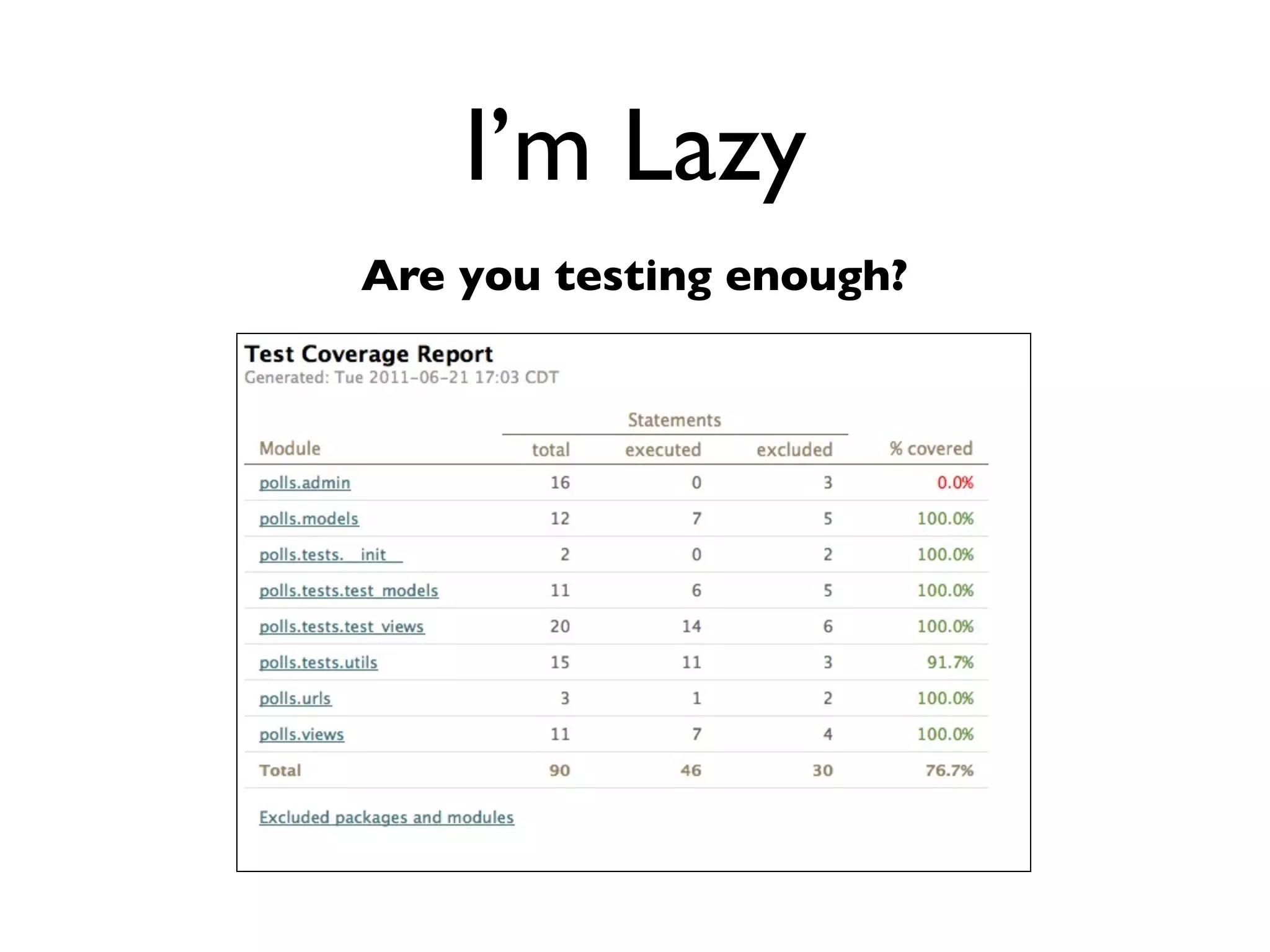 Daniel Greenfeld
                                                                                                      @pydanny




                               I’m stupid
               Sphinx makes me look good!
                 ========================

 page            Reference for Polls App
                 ========================

header           The polls app is a copy of the Django tutorial with some mild PEP-8 cleanup.

                 ``polls.models``
                 =================
                 .. automodule:: polls.models
                     :members:

                 ``polls.views``
                 =================
                 .. automodule:: polls.views
                     :members:

                 ``polls.tests``
                 =================
                 .. automodule:: polls.tests.test_models
                     :members:
                     :undoc-members:

                 .. automodule:: polls.tests.test_views
                     :members:
                     :undoc-members:




         http://readthedocs.org/docs/django-party-pack/en/latest/reference_polls.html
 