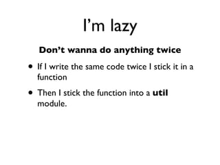 Daniel Greenfeld
                                                   @pydanny




   Docs/Sphinx Basics

• pip install sphinx
• make a docs directory
• sphinx-quickstart
• Follow instructions
• Starting over is just removing your docs
 