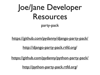 Daniel Greenfeld
                                                  @pydanny




         Coverage Tricks

• coverage.py is great
• django-coverage runs coverage.py for Django
• But you only want to test your own apps
 