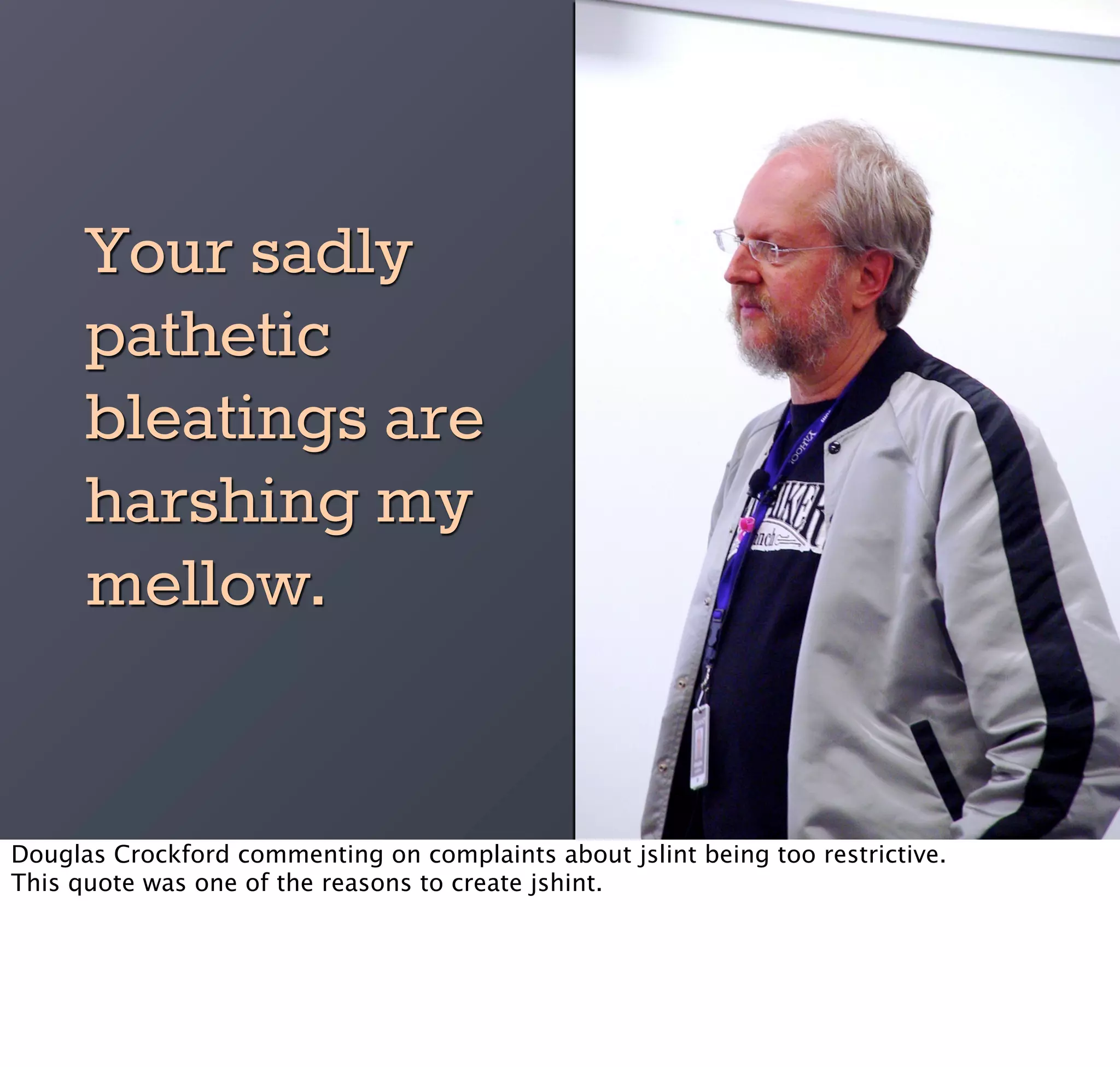 Your sadly
      pathetic
      bleatings are
      harshing my
      mellow.


Douglas Crockford commenting on complaints about jslint being too restrictive.
This quote was one of the reasons to create jshint.
 