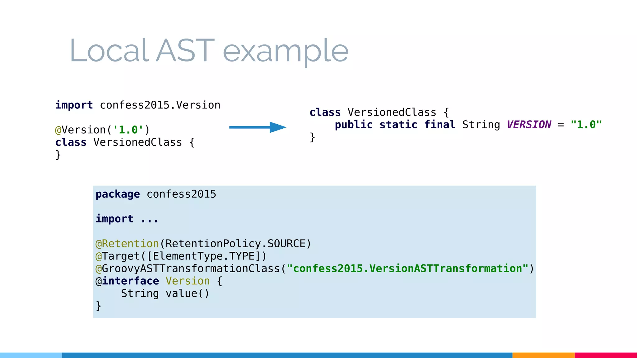 Local AST example
class VersionedClass {
public static final String VERSION = "1.0"
}
package confess2015
import ...
@Retention(RetentionPolicy.SOURCE)
@Target([ElementType.TYPE])
@GroovyASTTransformationClass("confess2015.VersionASTTransformation")
@interface Version {
String value()
}
import confess2015.Version
@Version('1.0')
class VersionedClass {
}
 