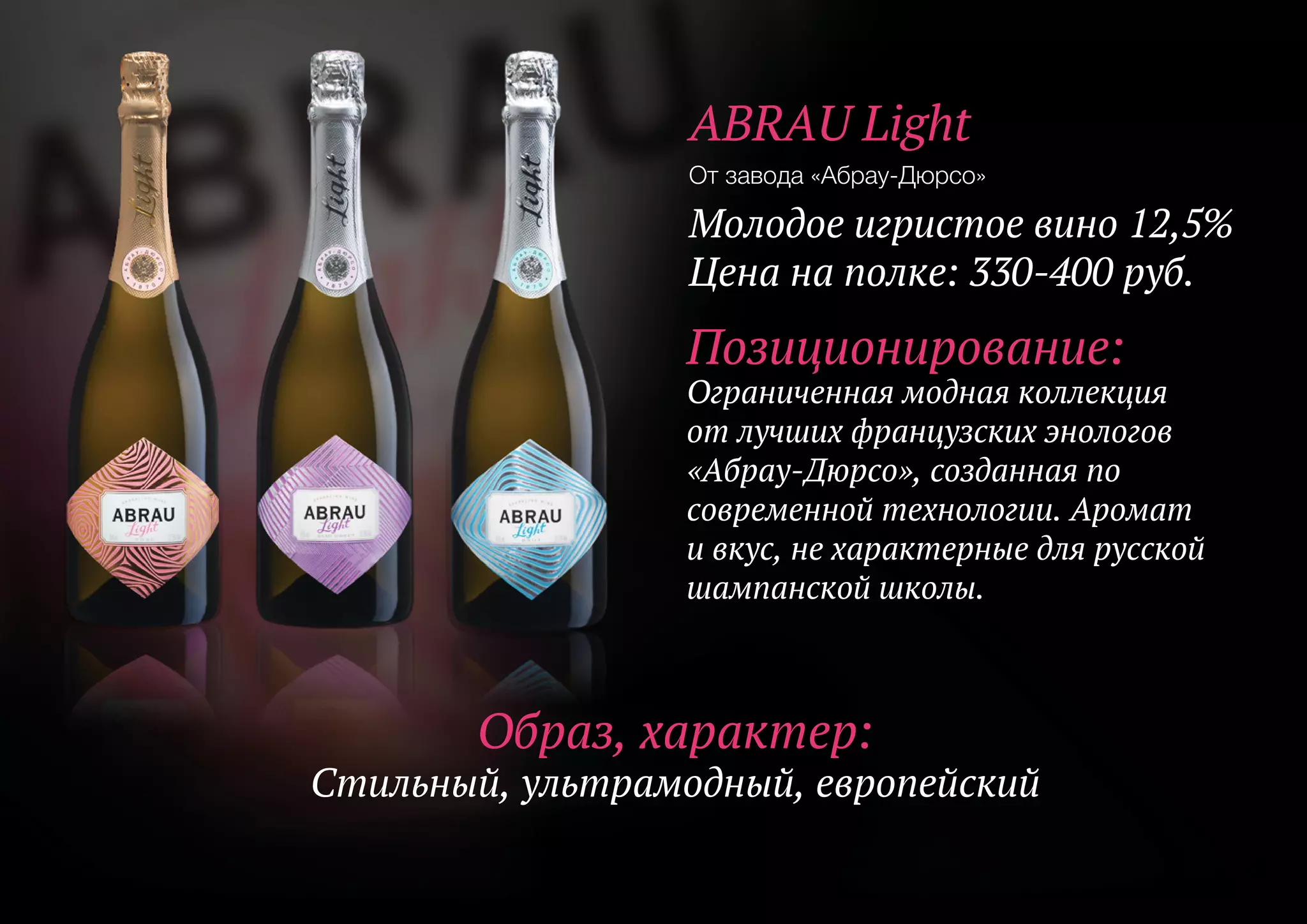 ABRAU Light
Молодое игристое вино 12,5%
Цена на полке: 330-400 руб.
Позиционирование:
Ограниченная модная коллекция
от лучших французских энологов
«Абрау-Дюрсо», созданная по
современной технологии. Аромат
и вкус, не характерные для русской
шампанской школы.
Образ, характер:
Стильный, ультрамодный, европейский
От завода «Абрау-Дюрсо»
 