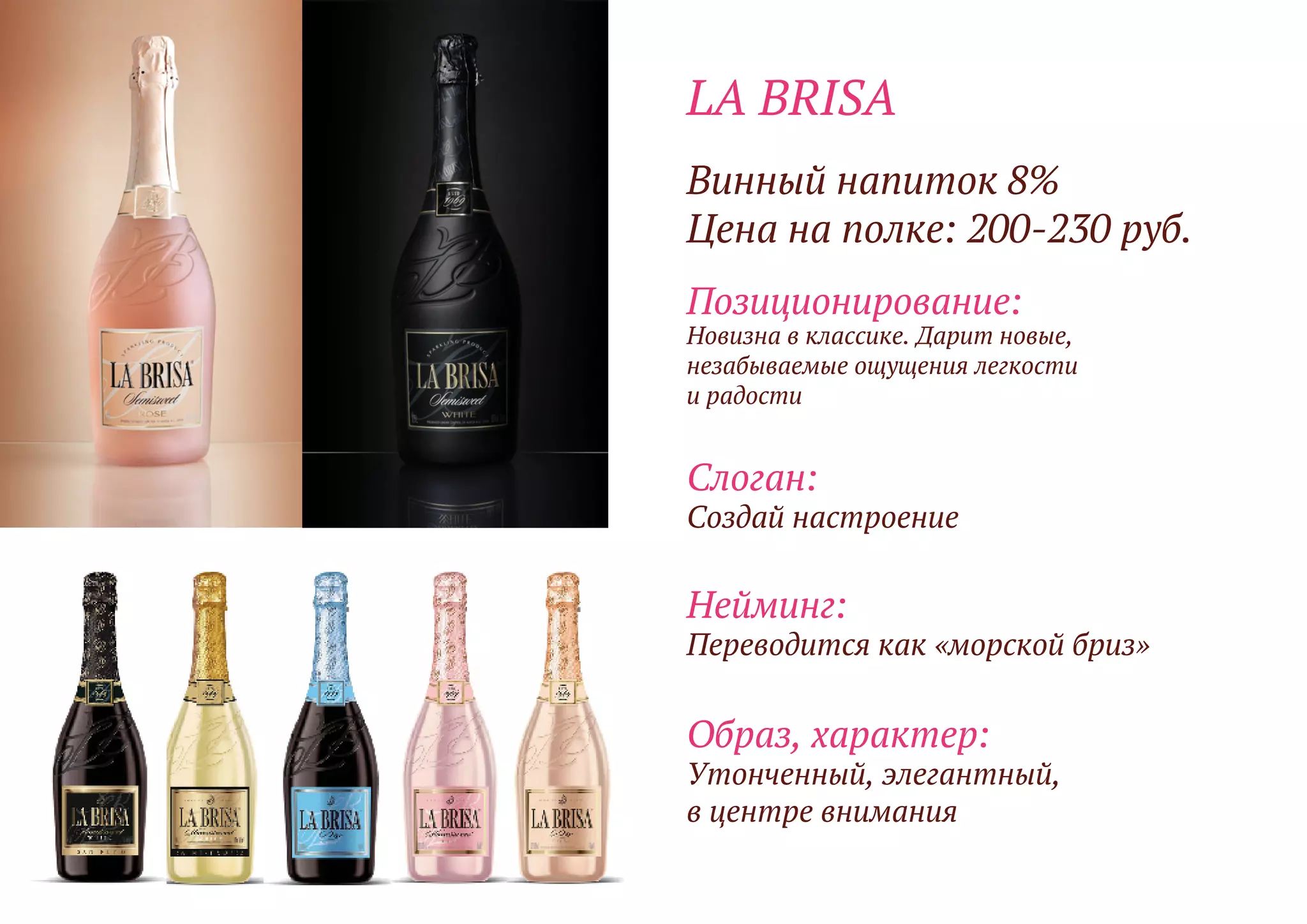 Позиционирование:
Новизна в классике. Дарит новые,
незабываемые ощущения легкости
и радости
Винный напиток 8%
Цена на полке: 200-230 руб.
Образ, характер:
Утонченный, элегантный,
в центре внимания
Нейминг:
Переводится как «морской бриз»
Слоган:
Создай настроение
LA BRISA
 
