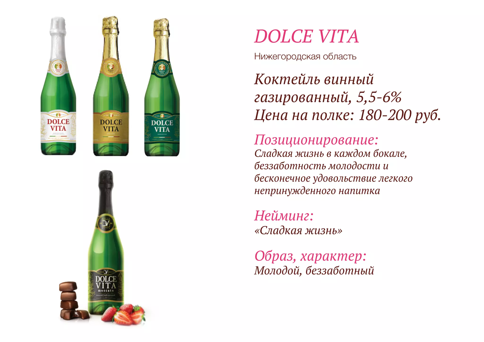 Позиционирование:
Сладкая жизнь в каждом бокале,
беззаботность молодости и
бесконечное удовольствие легкого
непринужденного напитка
Коктейль винный
газированный, 5,5-6%
Цена на полке: 180-200 руб.
Нижегородская область
DOLCE VITA
Образ, характер:
Молодой, беззаботный
Нейминг:
«Сладкая жизнь»
 