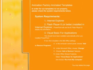 Animation Factory Animated Templates In order for our templates to run properly, please check the system requirements below. System Requirements: 1. Internet Explorer 2. Flash Player 8 (or better) installed in Internet Explorer.  PowerPoint will use the IE Flash Player to display the animations. 3. Visual Basic For Applications This should have been installed automatically when you installed PowerPoint. If not, this is located in the MS Office settings.: A.  In the computer control panel, choose “ Add or Remove Programs ”. B.  Under Microsoft Office, choose “ Change ” C.  Choose ‘ Add or Remove ” features. D. Under Office Shared Features,   Select “ Visual Basic for Applications ”   and choose “ Run from My Computer ” You may delete this page. 