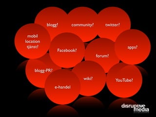 blogg?           community?       twitter?

 mobil
location
 tjänst?                                                apps?
                  Facebook?
                                         forum?


     blogg-PR?
                                 wiki?            YouTube?
                 e-handel
 