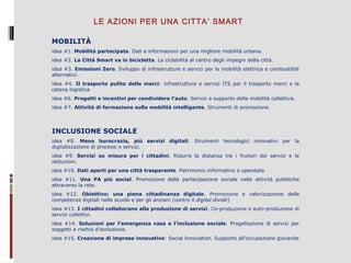 LE AZIONI PER UNA CITTA’ SMART
MOBILITÀ
idea #1. Mobilità partecipata. Dati e informazioni per una migliore mobilità urbana.
idea #2. La Città Smart va in bicicletta. La ciclabilità al centro degli impegni della città.
idea #3. Emissioni Zero. Sviluppo di infrastrutture e servizi per la mobilità elettrica e combustibili 
alternativi.
idea  #4.  Il trasporto pulito delle merci:  infrastruttura  e  servizi  ITS  per  il  trasporto  merci  e  la 
catena logistica
idea #6. Progetti e incentivi per condividere l’auto. Servizi a supporto della mobilità collettiva.
idea #7. Attività di formazione sulla mobilità intelligente. Strumenti di promozione. 

INCLUSIONE SOCIALE
idea  #8.  Meno burocrazia, più servizi digitali.  Strumenti  tecnologici  innovativi  per  la 
digitalizzazione di processi e servizi.
idea  #9.  Servizi su misura per i cittadini.  Ridurre  la  distanza  tra  i  fruitori  dei  servizi  e  le 
istituzioni. 
idea #10. Dati aperti per una città trasparente. Patrimonio informativo e opendata
idea  #11.  Una PA più social.  Promozione  della  partecipazione  sociale  nelle  attività  pubbliche 
attraverso la rete.
idea  #12.  Obiettivo: una piena cittadinanza digitale.  Promozione  e  valorizzazione  delle 
competenze digitali nelle scuole e per gli anziani (contro il digital divide)
idea #13. I cittadini collaborano alla produzione di servizi. Co-produzione e auto-produzione di 
servizi collettivi.
idea  #14.  Soluzioni per l’emergenza casa e l’inclusione sociale.  Progettazione  di  servizi  per 
soggetti a rischio d’esclusione.
idea #15. Creazione di imprese innovative: Social Innovation. Supporto all’occupazione giovanile

 