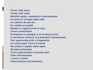 •Torino città smart
•Torino città verde
•Mobilità rapida, sostenibile e metropolitana
•Le azioni di sviluppo della città
•La capitale dei giovani
•Un welfare di qualità
•Bambini e ragazzi prima di tutto
•Torino universitaria
•Formazione e sostegno a chi è senza lavoro
•Il commercio anima di una metropoli internazionale
•Pari opportunità diritti e integrazioni
•La cultura apre Torino al mondo
•Sicurezza e rispetto delle regole
•Società partecipate
•Torino palcoscenico di grande sport
•Città internazionale
•I conti in ordine
•Valorizzazione del patrimonio

 