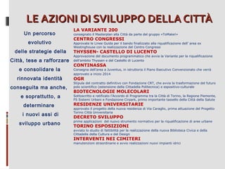 LE AZIONI DI SVILUPPO DELLA CITTÀ
Un percorso
evolutivo
delle strategie della
Città, tese a rafforzare
e consolidare la
rinnovata identità
conseguita ma anche,
e soprattutto, a

LA VARIANTE 200

consegnato il Masterplan alla Città da parte del gruppo «ToMake!»

CENTRO CONGRESSI

Approvate le Linee Guida per il bando finalizzato alla riqualificazione dell’ area ex
Westinghouse con la realizzazione del Centro Congressi

THYSSEN- CASTELLO DI LUCENTO

Approvazione del documento programmatico che avvia la Variante per la riqualificazione
dell’ambito Thyssen e del Castello di Lucento

CONTINASSA

Consegna dell’area a Juventus, in istruttoria il Piano Esecutivo Convenzionato che verrà
approvato a inizio 2014

OGR

Stipula del contratto definitivo con Fondazione CRT, che avvia la trasformazione del futuro
polo scientifico (estensione della Cittadella Politecnica) e espositivo-culturale

BIOTECNOLOGIE MOLECOLARI

Sottoscritto e ratificato l’Accordo di Programma tra la Città di Torino, la Regione Piemonte,
FS Sistemi Urbani e Fondazione Cirpark, primo importante tassello della Città della Salute

determinare

RESIDENZE UNIVERSITARIE

i nuovi assi di

DECRETO SVILUPPO

sviluppo urbano

approvato il progetto della nuova residenza di Via Caraglio, prima attuazione del Progetto
Torino Città Universitaria
prime applicazioni del nuovo strumento normativo per la riqualificazione di aree urbane

TORINO ESPOSIZIONI

avviato lo studio di fattibilità per la realizzazione della nuova Biblioteca Civica e della
Cittadella della Cultura e del Design

INTERVENTI NEI CIMITERI

manutenzioni straordinarie e avvio realizzazioni nuovi impianti idrici

 