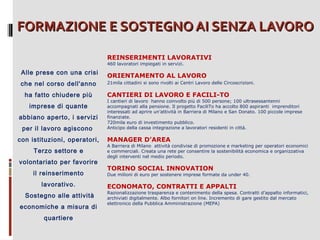 FORMAZIONE E SOSTEGNO AI SENZA LAVORO
REINSERIMENTI LAVORATIVI
460 lavoratori impiegati in servizi.

Alle prese con una crisi
che nel corso dell'anno
ha fatto chiudere più
imprese di quante
abbiano aperto, i servizi
per il lavoro agiscono
con istituzioni, operatori,
Terzo settore e
volontariato per favorire
il reinserimento
lavorativo.
Sostegno alle attività
economiche a misura di
quartiere

ORIENTAMENTO AL LAVORO
21mila cittadini si sono rivolti ai Centri Lavoro delle Circoscrizioni.

CANTIERI DI LAVORO E FACILI-TO

I cantieri di lavoro hanno coinvolto più di 500 persone; 100 ultrasessantenni
accompagnati alla pensione. Il progetto FaciliTo ha accolto 800 aspiranti imprenditori
interessati ad aprire un’attività in Barriera di Milano e San Donato. 100 piccole imprese
finanziate.
720mila euro di investimento pubblico.
Anticipo della cassa integrazione a lavoratori residenti in città.

MANAGER D’AREA

A Barriera di Milano attività condivise di promozione e marketing per operatori economici
e commerciali. Creata una rete per consentire la sostenibilità economica e organizzativa
degli interventi nel medio periodo.

TORINO SOCIAL INNOVATION

Due milioni di euro per sostenere imprese formate da under 40.

ECONOMATO, CONTRATTI E APPALTI

Razionalizzazione trasparenza e contenimento della spesa. Contratti d’appalto informatici,
archiviati digitalmente. Albo fornitori on line. Incremento di gare gestito dal mercato
elettronico della Pubblica Amministrazione (MEPA)

 