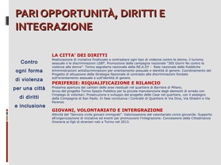 PARI OPPORTUNITÀ, DIRITTI E
INTEGRAZIONE
LA CITTA’ DEI DIRITTI

Contro
ogni forma
di violenza
per una città
di diritti
e inclusione

Realizzazione di iniziative finalizzate a contrastare ogni tipo di violenza contro le donne, il turismo
sessuale e le discriminazioni LGBT. Promozione della campagna nazionale “365 Giorni No contro la
violenza alle donne”. Torino segreteria nazionale della RE.A.DY - Rete nazionale delle Pubbliche
Amministrazioni antidiscriminazioni per orientamento sessuale e identità di genere. Coordinamento del
Progetto di attuazione della Strategia Nazionale di contrasto alle discriminazioni fondate
sull’orientamento sessuale e sull’identità di genere.

PERIFERIE: RIQUALIFICAZIONE E RILANCIO
Prossima apertura dei cantieri delle aree residuali nel quartiere di Barriera di Milano.
Avvio del progetto Torino Spazio Pubblico per la piccola manutenzione degli elementi di arredo con
l'impiego di volontari. Prosecuzione e sviluppo del progetto delle Case nel quartiere, con il sostegno
della Compagnia di San Paolo. In fase conclusiva i Contratti di Quartiere di Via Dina, Via Ghedini e Via
Parenzo

GIOVANI, VOLONTARIATO E INTERGRAZIONE

Attività del "Servizio civile giovani immigrati". Valorizzazione del volontariato civico giovanile. Supporto
all'organizzazione di iniziative ed eventi per promuovere l'integrazione. Concessione della Cittadinanza
Onoraria ai figli di stranieri nati a Torino nel 2013.

 