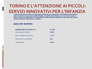TORINO E L’ATTENZIONE AI PICCOLI:
SERVIZI INNOVATIVI PER L’INFANZIA
L’attenzione che la Città di Torino pone ai Servizi per l’infanzia e alle politiche educative è
stato di recente riconosciuto dall’indagine condotta dalla Svimez e in cui Torino si pone
come città di avanguardia al di sopra della media di spesa delle altre città del centro Nord
(Scuola Materna, Elementare e Media).

QUALCHE NUMERO
BAMBINI NELLA FASCIA 0/3

21.109

Nidi a gestione diretta

3.094

Nidi in appalto/concessione

1.117

Nidi privati in concessione

234

Totale offerta

4.445

 
