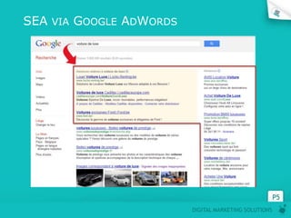SEA VIA GOOGLE ADWORDS




                                                       P5
                         DIGITAL MARKETING SOLUTIONS
 