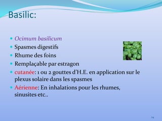 Basilic:

 Ocimum basilicum
 Spasmes digestifs
 Rhume des foins
 Remplaçable par estragon
 cutanée: 1 ou 2 gouttes d’H.E. en application sur le
  plexus solaire dans les spasmes
 Aérienne: En inhalations pour les rhumes,
  sinusites etc..


                                                         24
 