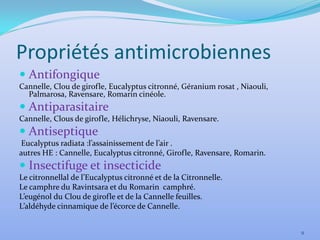 Propriétés antimicrobiennes
 Antifongique
Cannelle, Clou de girofle, Eucalyptus citronné, Géranium rosat , Niaouli,
  Palmarosa, Ravensare, Romarin cinéole.
 Antiparasitaire
Cannelle, Clous de girofle, Hélichryse, Niaouli, Ravensare.
 Antiseptique
 Eucalyptus radiata :l’assainissement de l’air .
autres HE : Cannelle, Eucalyptus citronné, Girofle, Ravensare, Romarin.
 Insectifuge et insecticide
Le citronnellal de l’Eucalyptus citronné et de la Citronnelle.
Le camphre du Ravintsara et du Romarin camphré.
L’eugénol du Clou de girofle et de la Cannelle feuilles.
L’aldéhyde cinnamique de l’écorce de Cannelle.


                                                                            9
 