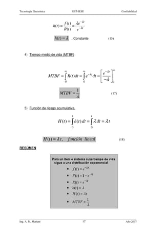 Tecnología Electrónica                      EST-IESE                        Confiabilidad



                                     f (t ) λ e − λt
                            h (t ) =       =
                                     R (t ) e− λt

                             h(t ) = λ     , Constante         (15)



    4) Tiempo medio de vida (MTBF)



                                                                    ∞
                                      ∞            ∞
                                                      e−λt 
                         MTBF = ∫ R(t )dt = ∫ e dt = 
                                               − λt
                                                            
                                0           0         −λ  0

                                               1
                                 MTBF =                             (17)
                                               λ

    5) Función de riesgo acumulativa.

                                           t             t
                               H (t ) = ∫ h(t ) dt = ∫ λ dt = λ t
                                           0             0


                     H (t ) = λ t ,       función lineal                   (18)

RESÚMEN




Ing. A. M. Mariani                                 17                             Año 2007
 