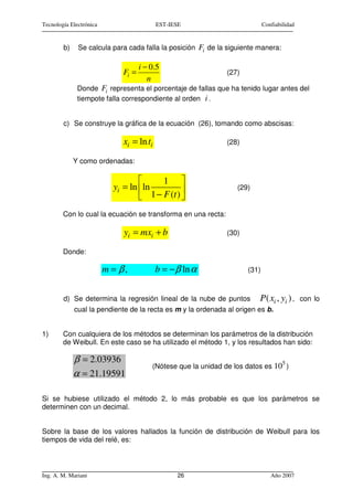 Tecnología Electrónica                     EST-IESE                          Confiabilidad


        b)    Se calcula para cada falla la posición Fi de la siguiente manera:

                                     i − 0.5
                              Fi =                             (27)
                                        n
              Donde Fi representa el porcentaje de fallas que ha tenido lugar antes del
              tiempote falla correspondiente al orden i .


        c) Se construye la gráfica de la ecuación (26), tomando como abscisas:

                              xi = ln ti                       (28)

             Y como ordenadas:

                                        1 
                           yi = ln ln                            (29)
                                    1 − F (t ) 
        Con lo cual la ecuación se transforma en una recta:

                              yi = mxi + b                     (30)

        Donde:

                         m = β,            b = − β ln α               (31)



        d) Se determina la regresión lineal de la nube de puntos          P( xi , yi ) ,     con lo
             cual la pendiente de la recta es m y la ordenada al origen es b.


1)      Con cualquiera de los métodos se determinan los parámetros de la distribución
        de Weibull. En este caso se ha utilizado el método 1, y los resultados han sido:

             β = 2.03936                                                             5
                                         (Nótese que la unidad de los datos es 10 )
             α = 21.19591

Si se hubiese utilizado el método 2, lo más probable es que los parámetros se
determinen con un decimal.


Sobre la base de los valores hallados la función de distribución de Weibull para los
tiempos de vida del relé, es:



Ing. A. M. Mariani                               26                             Año 2007
 