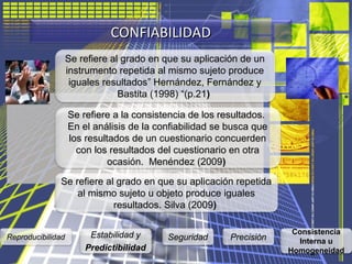 CONFIABILIDADCONFIABILIDAD
Se refiere al grado en que su aplicación de un
instrumento repetida al mismo sujeto produce
igu...