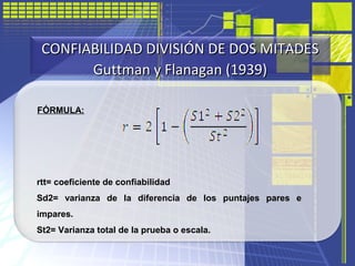 CONFIABILIDAD DIVISIÓN DE DOS MITADESCONFIABILIDAD DIVISIÓN DE DOS MITADES
Guttman y Flanagan (1939)Guttman y Flanagan (19...
