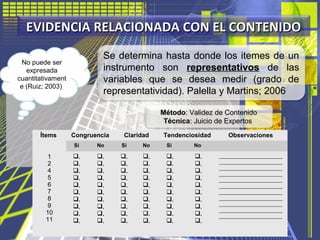 EVIDENCIA RELACIONADA CON EL CONTENIDOEVIDENCIA RELACIONADA CON EL CONTENIDO
Se determina hasta donde los itemes de un
ins...