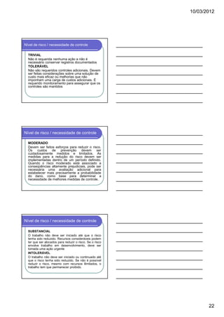 10/03/2012




Nível de risco / necessidade de controle

  TRIVIAL
  Não é requerida nenhuma ação e não é
  necessário conservar registros documentados
  TOLERÁVEL
  Não são requeridos controles adicionais. Devem
  ser feitas considerações sobre uma solução de
  custo mais eficaz ou melhorias que não
  imponham uma carga de custos adicionais. É
  requerido monitoramento para assegurar que os
  controles são mantidos




Nível de risco / necessidade de controle

  MODERADO
  Devem ser feitos esforços para reduzir o risco.
  Os custos de prevenção devem                ser
  cuidadosamente medidos e limitados. As
  medidas para a redução do risco devem ser
  implementadas dentro de um período definido.
  Quando o risco moderado está associado a
  conseqüências altamente prejudiciais, pode ser
  necessária uma avaliação adicional para
  estabelecer mais precisamente a probabilidade
  do dano, como base para determinar a
  necessidade de melhores medidas de controle.




Nível de risco / necessidade de controle

  SUBSTANCIAL
  O trabalho não deve ser iniciado até que o risco
  tenha sido reduzido. Recursos consideráveis podem
  ter que ser alocados para reduzir o risco. Se o risco
  envolve trabalho em desenvolvimento, deve ser
  tomada uma ação urgente
  INTOLERÁVEL
  O trabalho não deve ser iniciado ou continuado até
  que o risco tenha sido reduzido. Se não é possível
  reduzir o risco, mesmo com recursos ilimitados, o
  trabalho tem que permanecer proibido.




                                                                 22
 