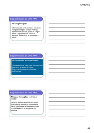 10/03/2012




Etapas básicas de uma APR

 Riscos principais:

 Informar quais serão os riscos principais
 com potencial para causar, direta ou
 indiretamente, lesões, perda de função,
 danos a equipamentos, perda de
 materiais, interrupção de atividades e
 outras.




Etapas básicas de uma APR

 Riscos iniciais e contribuintes:

 Deve-se elaborar, para cada risco principal
 detectado, as séries de riscos,
 determinando-se os riscos iniciais
 contribuintes.




Etapas básicas de uma APR
 Meios de eliminação e controle de
 riscos:

 Deve-se elaborar a revisão dos meios
 possíveis de eliminação e controle de
 riscos, procurando as melhores opções
 compatíveis com as exigências do
 sistema.




                                                      41
 