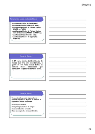10/03/2012

Ferramentas para a Análise de Riscos
Análise de Árvore de Falha (AAF);
Análise Preliminar de Riscos (APR);
Análise dos Modos de Falha e Efeitos
(AMFE ou FMEA);
Análise dos Modos de Falha e Efeitos
com Criticalidade (AMFEC ou FMECA);
Análise de Procedimentos (AP);
Análise dos Riscos de Operação
(HAZOP).

Série de Riscos

A SR é uma técnica de identificação de
riscos que leva em consideração, a
partir de um risco inicial, todos os
demais
riscos
associados
que
conduzem ao possível dano ou perda.

Série de Riscos
Tanque de alta pressão (aço carbono) +
umidade = corrosão
perda de material ►
explosão
danos ambientais
risco inicial: umidade
risco principal: ruptura do tanque
risco contribuinte: corrosão
Risco conseqüente: danos ambientais

29

 