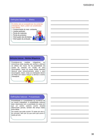 10/03/2012

Definições básicas - Efeitos
Os efeitos são as conseqüências dos acidentes
indesejáveis. Assim, podem ser considerados
como efeitos:

Contaminação do meio ambiente;
Lesões pessoais;
Perda de materiais;
Perda de produtos;
Interrupção das atividades;
Interrupção da produção.

Definições básicas – Medidas Mitigadoras
Consideram-se
medidas
mitigadoras
ou
preventivas todas aquelas que venham a atenuar
os efeitos dos riscos. Se há possibilidade de
queda de pessoas em função de piso
escorregadio, capaz de causar lesões pessoais
deve-se atuar preventivamente sobre o piso
escorregadio. Assim, todas as orientações devem
ser feitas com vistas a reduzir ou eliminar o evento
indesejável.

Definições básicas - Probabilidade
Probabilidade é a possibilidade da ocorrência de
um evento indesejável. A probabilidade costuma
estar relacionada com a quantidade de vezes em
que um evento costuma ocorrer durante
determinado período, também dito tempo médio
entre falhas.
Um evento que pode ocorrer 10 vezes por ano é,
em princípio, bem pior do que outro que ocorra 5
vezes por ano.

38

 
