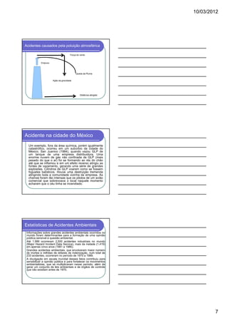 10/03/2012

Acidentes causados pela poluição atmosférica
Força do vento

Empuxo

Queda da Pluma
Ação da gravidade

Distância atingida

Acidente na cidade do México
Um exemplo, fora da área química, porém igualmente
catastrófico, ocorreu em um subúrbio da cidade do
México, San Juanico (1984), quando vazou GLP de
um tanque de uma empresa distribuidora. Uma
enorme nuvem de gás não confinada de GLP (mais
pesado do que o ar) foi se formando ao rés do chão
até que se inflamou e em um efeito reverso atingiu as
fontes de vazamento, gerando uma série de grandes
explosões. Cilindros de GLP voaram como se fossem
foguetes balísticos. Houve uma destruição tremenda
atingindo toda a comunidade vizinha da empresa. As
chamas foram tão intensas que os pilotos de um avião
comercial que sobrevoava o local naquele momento
acharam que o céu tinha se incendiado.

Estatísticas de Acidentes Ambientais
Informações sobre grandes acidentes ambientais ocorridos no
mundo foram determinantes para a formação de uma opinião
pública sensível à questão ambiental.
Até 1.986 ocorreram 2.500 acidentes industriais no mundo
(Major Hazard Incident Data Service), mais da metade (1.419)
em apenas cinco anos (1981 a 1986).
Grandes acidentes ambientais, que envolveram maior número
de mortes e milhões de dólares de indenização, num total de
233 acidentes, ocorreram no período de 1970 a 1989.
A divulgação em escala mundial desses fatos contribuiu para
sensibilizar a opinião pública e para fortalecer os movimentos
ambientalistas, que se multiplicaram nesse período, além de
gerar um conjunto de leis ambientais e de órgãos de controle
que não existiam antes de 1970.

7

 