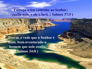 Entrega o teu caminho ao Senhor;
  confia nele, e ele o fará. ( Salmos 37:5 )




Provai, e vede que o Senhor é
bom; bem-aventurado o
homem que nele confia.
   ( Salmos 34:8 )
 