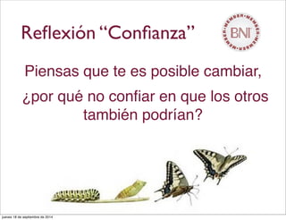 Reﬂexión “Conﬁanza”
Piensas que te es posible cambiar,
¿por qué no conﬁar en que los otros
también podrían?
jueves 18 de septiembre de 2014
 
