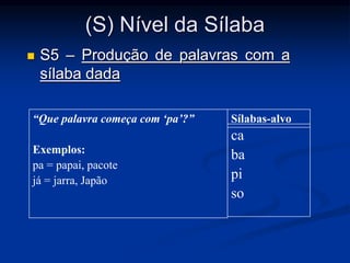 (S) Nível da Sílaba
 S5 – Produção de palavras com a
sílaba dada
“Que palavra começa com ‘pa’?”
Exemplos:
pa = papai, pacote
já = jarra, Japão
Sílabas-alvo
ca
ba
pi
so
 