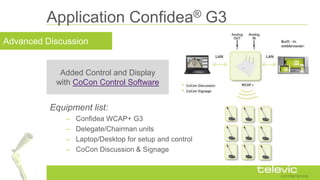 Application Confidea® G3
Advanced Discussion
Equipment list:
– Confidea WCAP+ G3
– Delegate/Chairman units
– Laptop/Deskto...