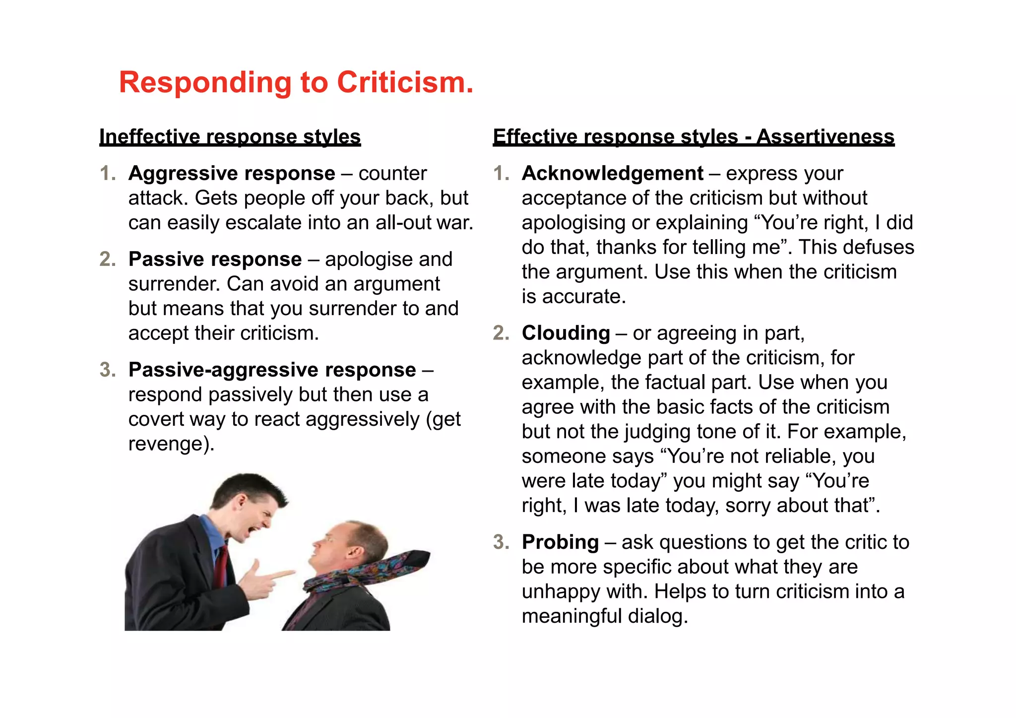 Responding to Criticism.
Ineffective response styles
1. Aggressive response – counter
attack. Gets people off your back, but
can easily escalate into an all-out war.
2. Passive response – apologise and
surrender. Can avoid an argument
but means that you surrender to and
accept their criticism.
3. Passive-aggressive response –
respond passively but then use a
covert way to react aggressively (get
revenge).
Effective response styles - Assertiveness
1. Acknowledgement – express your
acceptance of the criticism but without
apologising or explaining “You’re right, I did
do that, thanks for telling me”. This defuses
the argument. Use this when the criticism
is accurate.
2. Clouding – or agreeing in part,
acknowledge part of the criticism, for
example, the factual part. Use when you
agree with the basic facts of the criticism
but not the judging tone of it. For example,
someone says “You’re not reliable, you
were late today” you might say “You’re
right, I was late today, sorry about that”.
3. Probing – ask questions to get the critic to
be more specific about what they are
unhappy with. Helps to turn criticism into a
meaningful dialog.
 