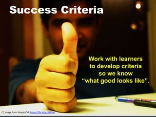 Success Criteria
Work with learners
to develop criteria
so we know
“what good looks like”.
CC image from Simply CVR https://flic.kr/p/3EPVar
 