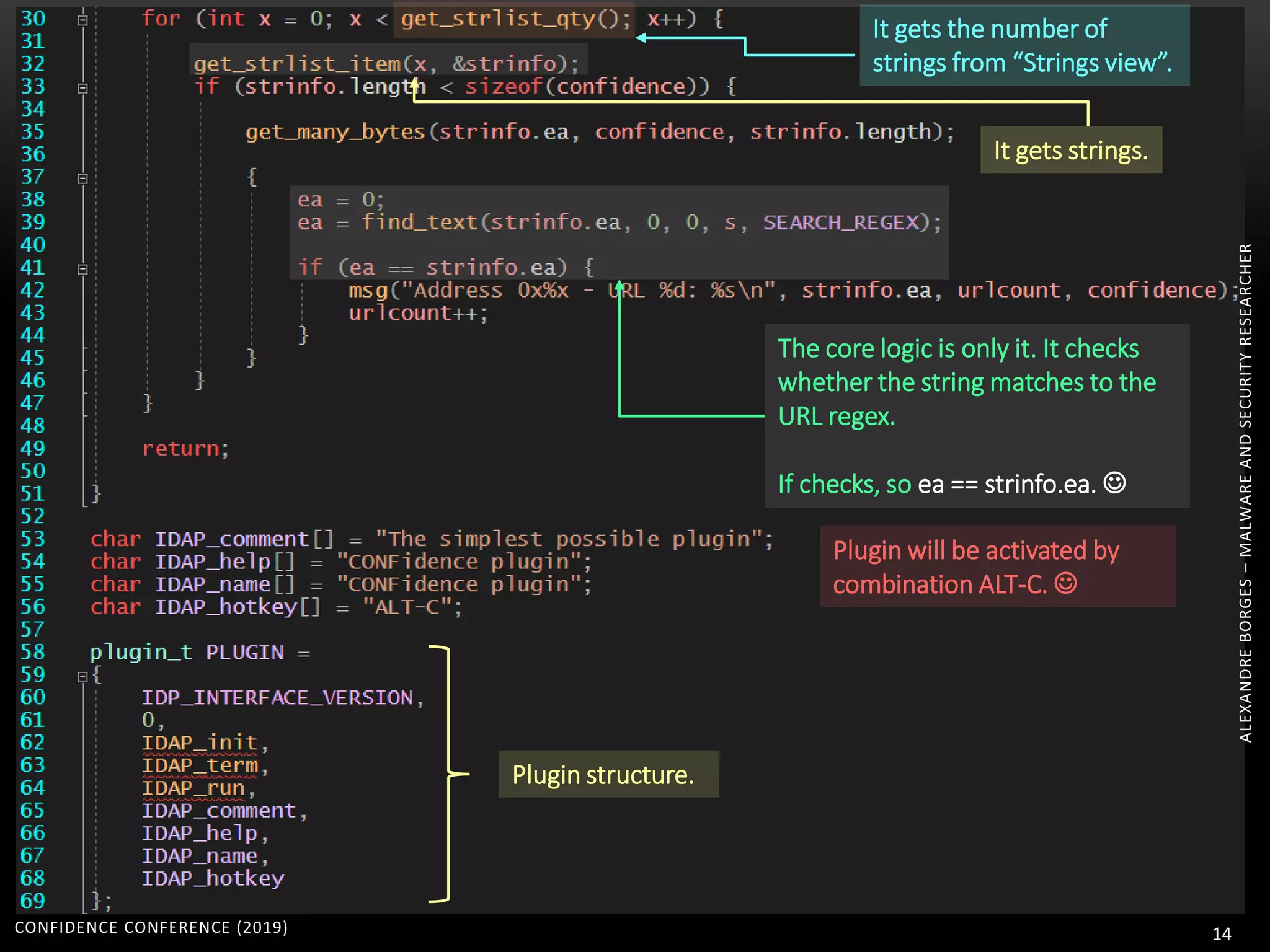 CONFIDENCE CONFERENCE (2019) 14
ALEXANDREBORGES–MALWAREANDSECURITYRESEARCHER
Plugin will be activated by
combination ALT-C. 
Plugin structure.
The core logic is only it. It checks
whether the string matches to the
URL regex.
If checks, so ea == strinfo.ea. 
It gets the number of
strings from “Strings view”.
It gets strings.
 