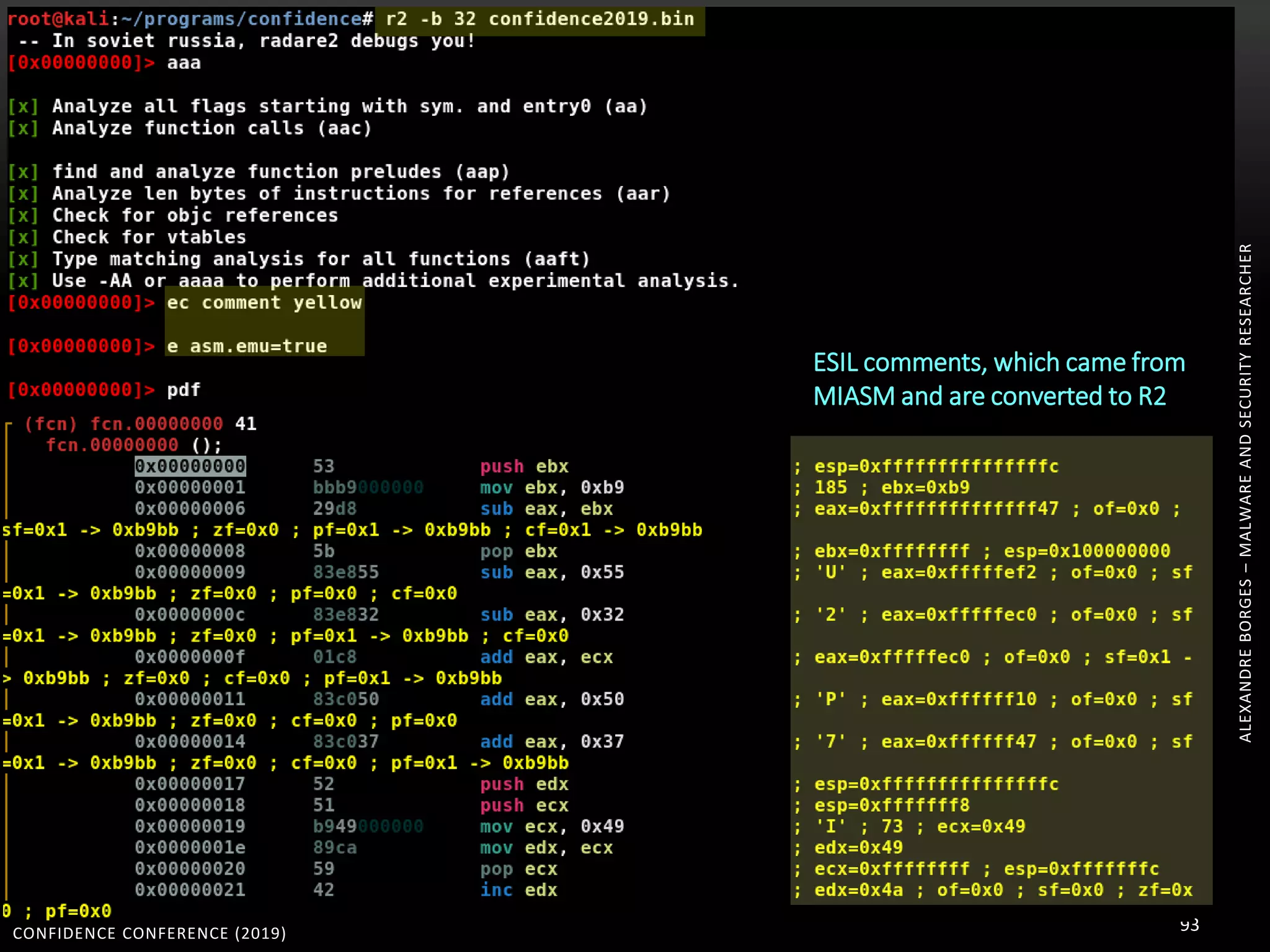 ALEXANDREBORGES–MALWAREANDSECURITYRESEARCHER
CONFIDENCE CONFERENCE (2019) 93
ESIL comments, which came from
MIASM and are converted to R2
 