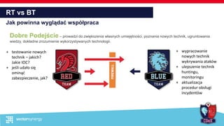 RT vs BT
Jak powinna wyglądać współpraca
Dobre Podejście – prowadzi do zwiększenia własnych umiejętności, poznania nowych technik, ugruntowania
wiedzy, dokładne zrozumienie wykorzystywanych technologii.
+ testowanie nowych
technik – jakich?
Jakie IOC?
+ jeśli udało się
ominąć
zabezpieczenie, jak?
+ wypracowanie
nowych technik
wykrywania ataków
+ ulepszenie technik
huntingu,
monitoringu
+ aktualizacja
procedur obsługi
incydentów
 
