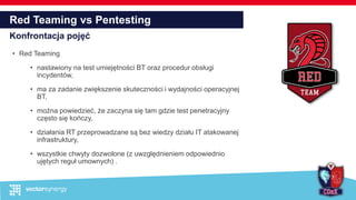 Red Teaming vs Pentesting
Konfrontacja pojęć
• Red Teaming
• nastawiony na test umiejętności BT oraz procedur obsługi
incydentów,
• ma za zadanie zwiększenie skuteczności i wydajności operacyjnej
BT,
• można powiedzieć, że zaczyna się tam gdzie test penetracyjny
często się kończy,
• działania RT przeprowadzane są bez wiedzy działu IT atakowanej
infrastruktury,
• wszystkie chwyty dozwolone (z uwzględnieniem odpowiednio
ujętych reguł umownych) .
 