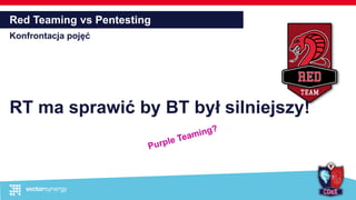 Red Teaming vs Pentesting
Konfrontacja pojęć
RT ma sprawić by BT był silniejszy!
 