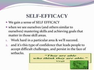 SELF-EFFICACY
 We gain a sense of SELF EFFICACY
 when we see ourselves (and others similar to
ourselves) mastering skills and achieving goals that
matter in those skill areas.
1. Work hard in a particular area & we'll succeed.
2. and it's this type of confidence that leads people to
accept difficult challenges, and persist in the face of
setbacks.
 