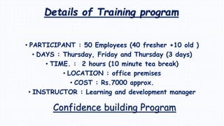 Details of Training program
• PARTICIPANT : 50 Employees (40 fresher +10 old )
• DAYS : Thursday, Friday and Thursday (3 days)
• TIME. : 2 hours (10 minute tea break)
• LOCATION : office premises
• COST : Rs.7000 approx.
• INSTRUCTOR : Learning and development manager
Confidence building Program
 
