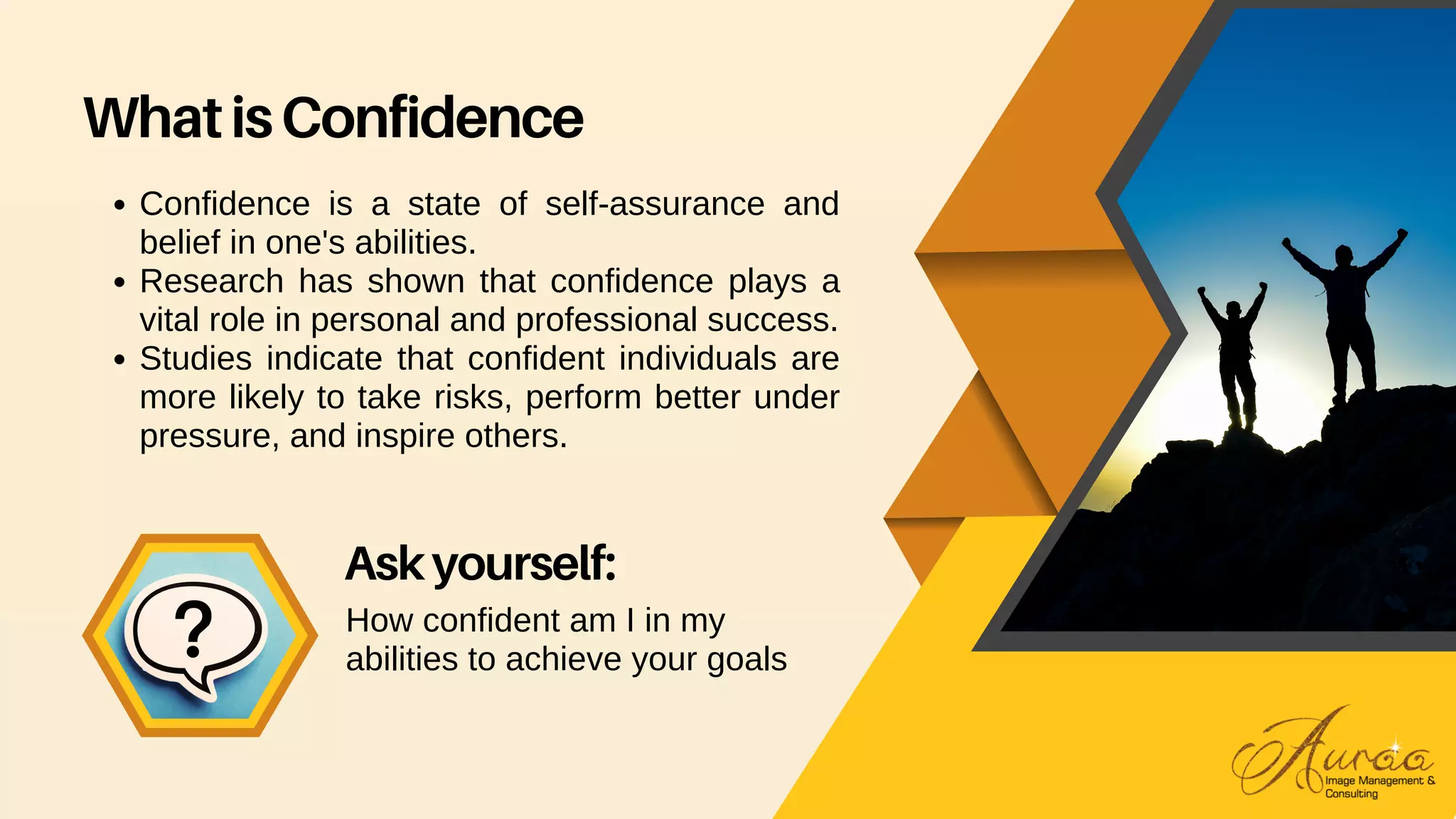 WhatisConfidence
Confidence is a state of self-assurance and
belief in one's abilities.
Research has shown that confidence plays a
vital role in personal and professional success.
Studies indicate that confident individuals are
more likely to take risks, perform better under
pressure, and inspire others.
Askyourself:
How confident am I in my
abilities to achieve your goals
 