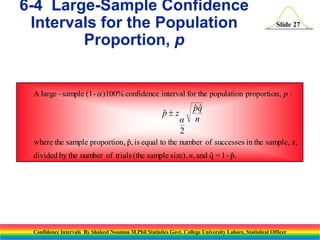 6-4 Large-Sample Confidence
Intervals for the Population
Proportion, p

Slide 27

A large - sample (1 -  )100% confidence interval for the population proportion, p :

pz
ˆ

α
2

pq
ˆˆ
n

ˆ
where the sample proportion, p, is equal to the number of successes in the sample, x,
ˆ
ˆ
divided by the number of trials (the sample size), n, and q = 1 - p.

Confidence Intervals By Shakeel Nouman M.Phil Statistics Govt. College University Lahore, Statistical Officer

 