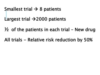 Smallest trial  8 patients
Largest trial 2000 patients
½ of the patients in each trial – New drug
All trials - Relative risk reduction by 50%
 
