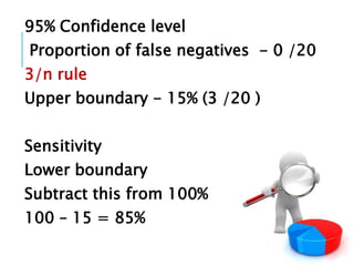 95% Confidence level
Proportion of false negatives - 0 /20
3/n rule
Upper boundary - 15% (3 /20 )
Sensitivity
Lower boundary
Subtract this from 100%
100 – 15 = 85%
 
