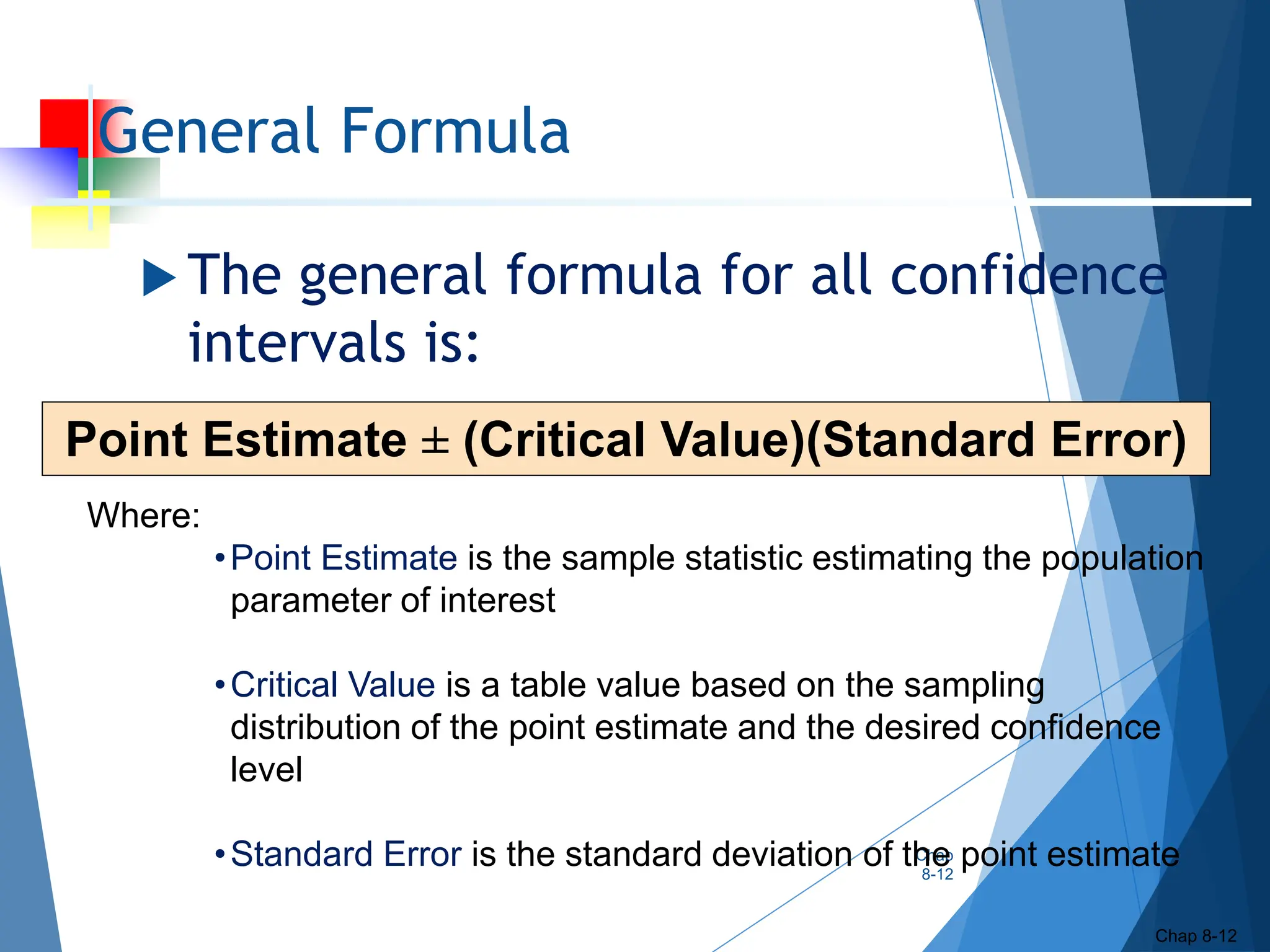 General Formula
 The general formula for all confidence
intervals is:
Chap
8-12
Chap 8-12
Point Estimate ± (Critical Value)(Standard Error)
Where:
•Point Estimate is the sample statistic estimating the population
parameter of interest
•Critical Value is a table value based on the sampling
distribution of the point estimate and the desired confidence
level
•Standard Error is the standard deviation of the point estimate
 