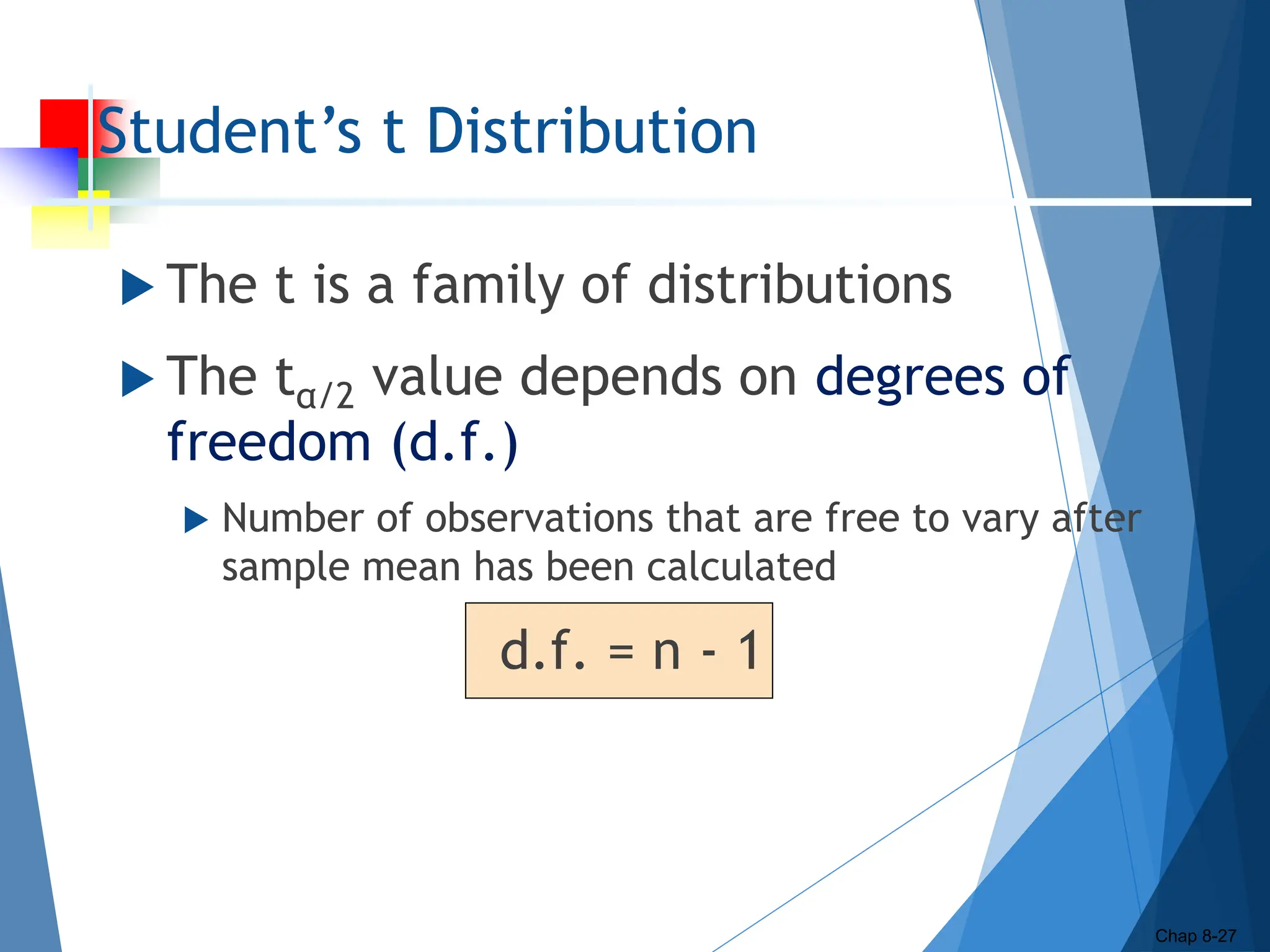 Student’s t Distribution
 The t is a family of distributions
 The tα/2 value depends on degrees of
freedom (d.f.)
 Number of observations that are free to vary after
sample mean has been calculated
d.f. = n - 1
Chap 8-27
 